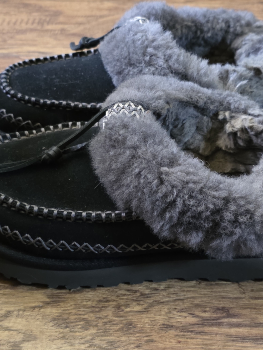 UGG Black Suede Moccasin Slippers with Gray Shearling Cuff - Picture 2 of 11